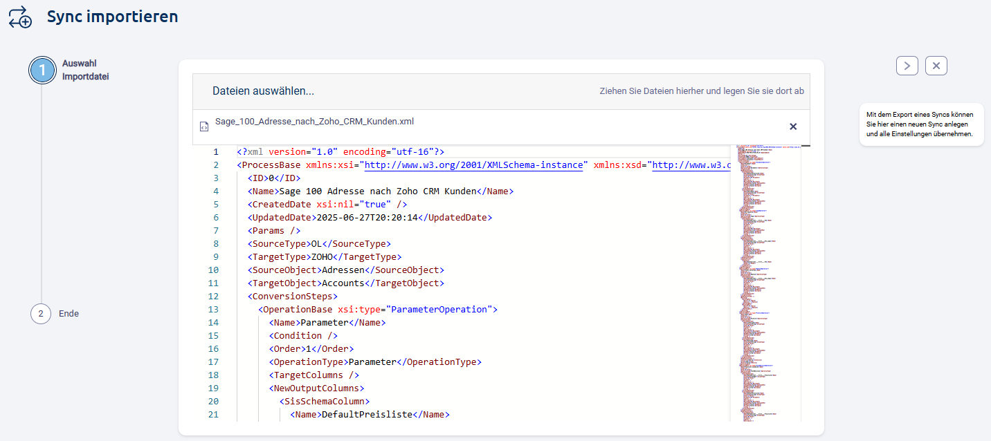 Sync importieren – XML einspielen